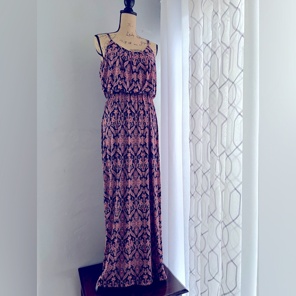 Love Ryan Spaghetti Strap Maxi Dress Navy Coral Boho Size XL